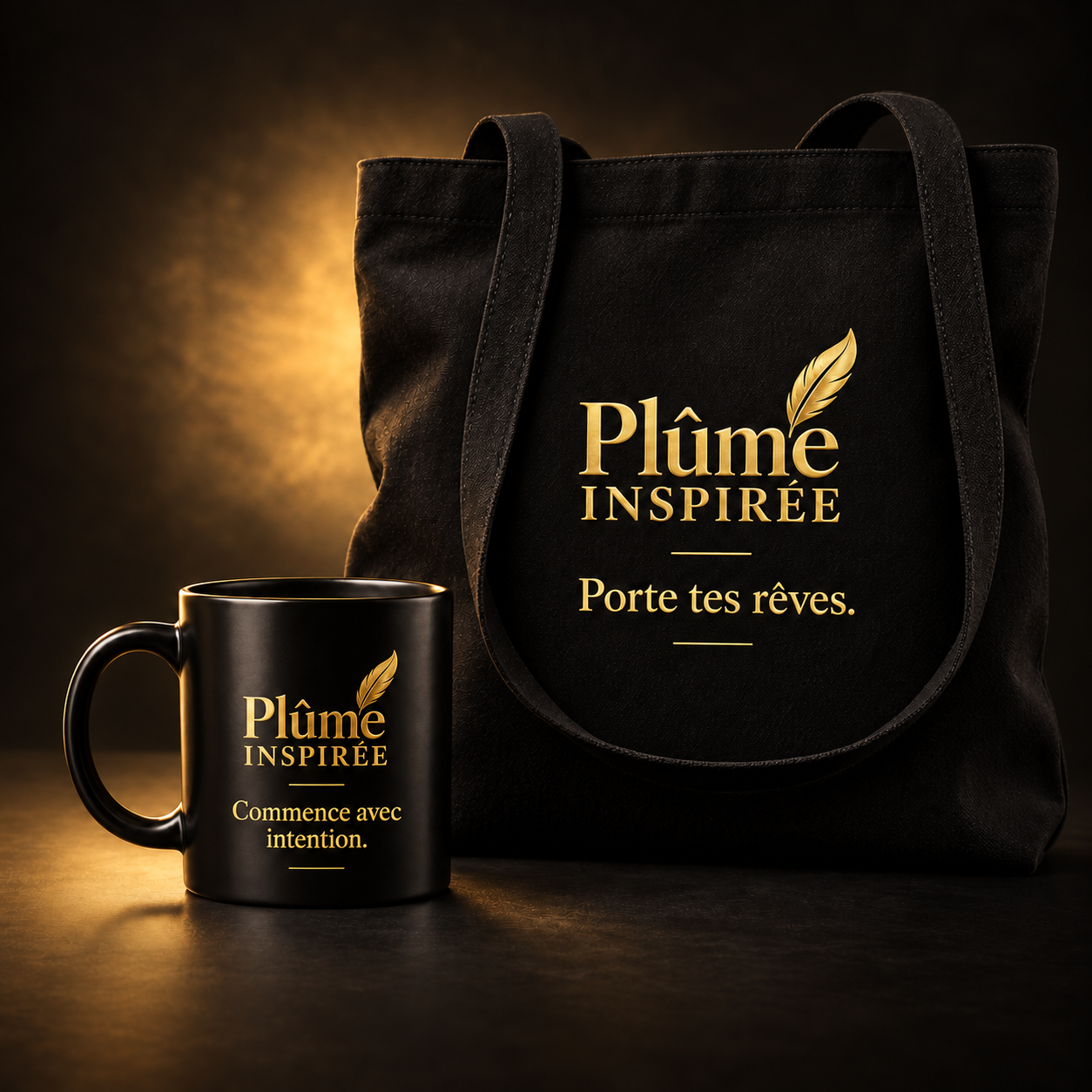 Tasse et sac Plûme inspirée avec citations motivantes